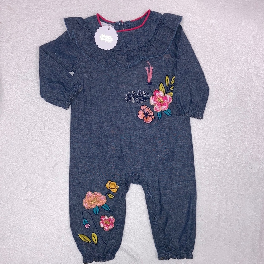 NWT mudpie embroidered chambray denim romper 3/6m